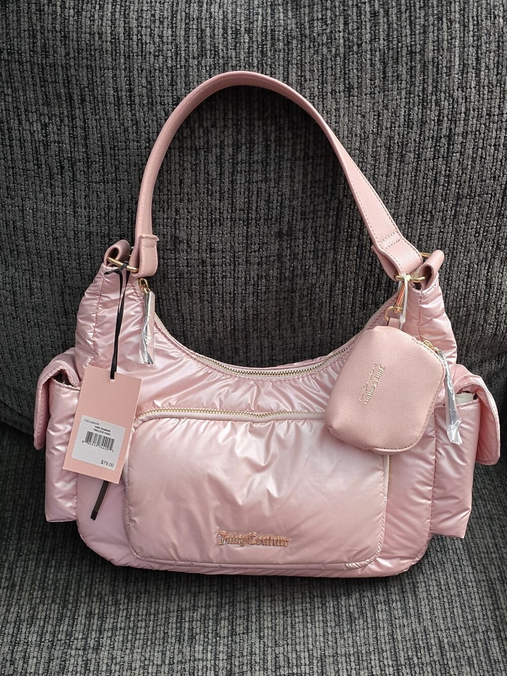 Juicy Couture Shiny Light Pink Quilted Shoulder Bag with Coin Pouch
